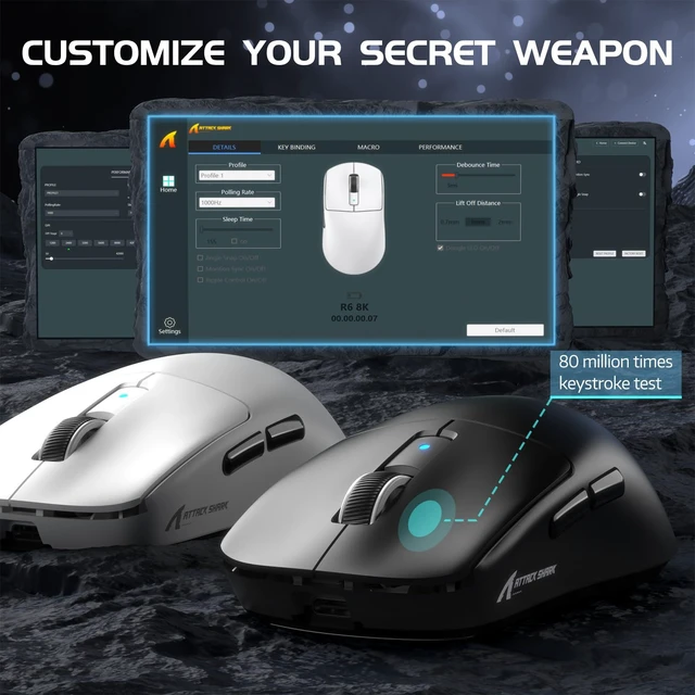 Alt view image 5 of 7 - ATTACK SHARK R6 Wireless Gaming Mouse, 38g Ultralight, PAW3950 MAX-Black | 39g SUPERLIGHT, PixArt PAW3950MAX Gaming Sensor, Nordic 52840 Chip, DPI up to 42000, 8000Hz Polling Rate, Ice-feeling Coating