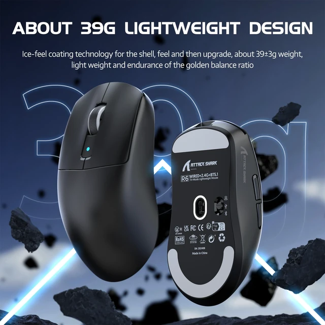 Alt view image 2 of 7 - ATTACK SHARK R6 Wireless Gaming Mouse, 38g Ultralight, PAW3950 MAX-Black | 39g SUPERLIGHT, PixArt PAW3950MAX Gaming Sensor, Nordic 52840 Chip, DPI up to 42000, 8000Hz Polling Rate, Ice-feeling Coating
