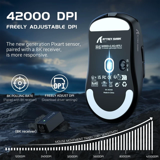 Alt view image 4 of 7 - ATTACK SHARK R6 Wireless Gaming Mouse, 38g Ultralight, PAW3950 MAX-Black | 39g SUPERLIGHT, PixArt PAW3950MAX Gaming Sensor, Nordic 52840 Chip, DPI up to 42000, 8000Hz Polling Rate, Ice-feeling Coating