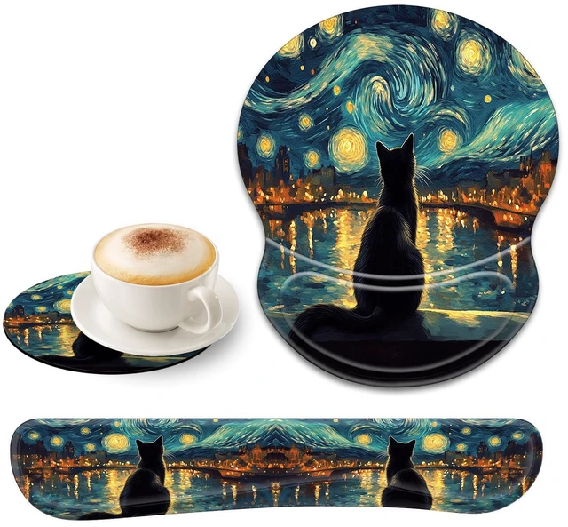Main image of Bxgolkgd Ergonomic Gel Mouse Wrist Rest Pad and Keyboard Pad Set,Anti-Slip PU Bottom Easy Typing and Relieve Wrist Pain with Cute Coaster Set (3-Starry Night with Cat)