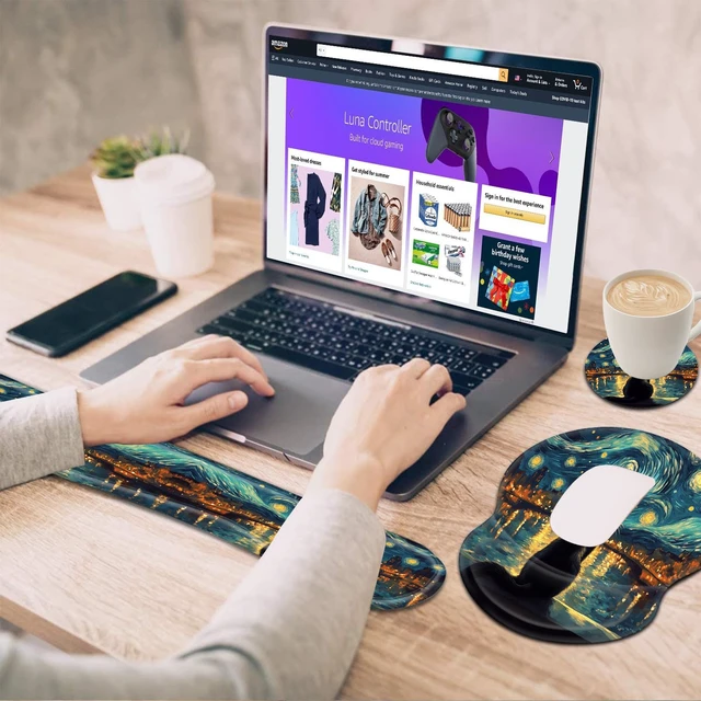 Alt view image 2 of 5 - Bxgolkgd Ergonomic Gel Mouse Wrist Rest Pad and Keyboard Pad Set,Anti-Slip PU Bottom Easy Typing and Relieve Wrist Pain with Cute Coaster Set (3-Starry Night with Cat)