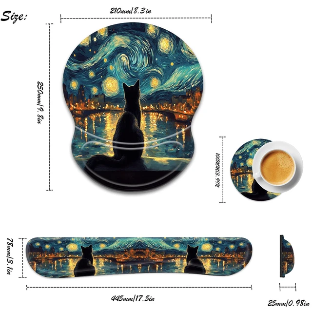 Alt view image 4 of 5 - Bxgolkgd Ergonomic Gel Mouse Wrist Rest Pad and Keyboard Pad Set,Anti-Slip PU Bottom Easy Typing and Relieve Wrist Pain with Cute Coaster Set (3-Starry Night with Cat)