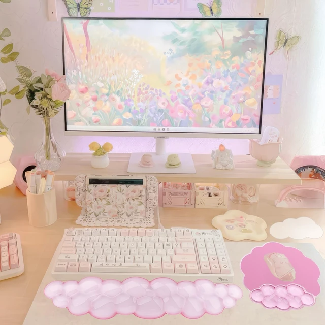 Alt view image 7 of 7 - Gel Cloud Wrist Rest Keyboard Clear Pink Mouse Pad with Wrist Rest Set 3PCS Ergonomic Cool Keyboard Wrist Pad Cute Acrylic Coaster Non-Slip Base Cute Transparent Mouse Wrist Pad Support for Computer