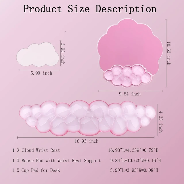 Alt view image 2 of 7 - Gel Cloud Wrist Rest Keyboard Clear Pink Mouse Pad with Wrist Rest Set 3PCS Ergonomic Cool Keyboard Wrist Pad Cute Acrylic Coaster Non-Slip Base Cute Transparent Mouse Wrist Pad Support for Computer