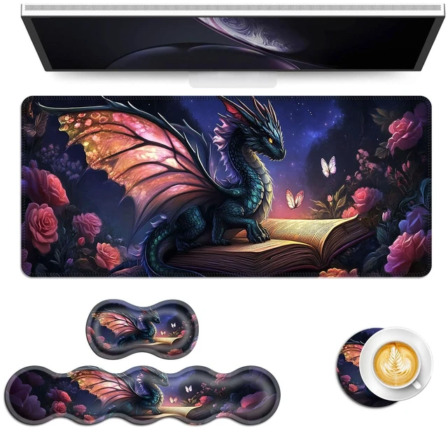 Main image of Vobber Keyboard Mouse Pad Set, Extended Gaming Mouse Pad+Ergonomics Keyboard Wrist Rest Support, Memory Foam, Easy Typing Pain Relief, 4Pcs XL Ultra Thick Desk Mat,Magical Dragon Book Flowers