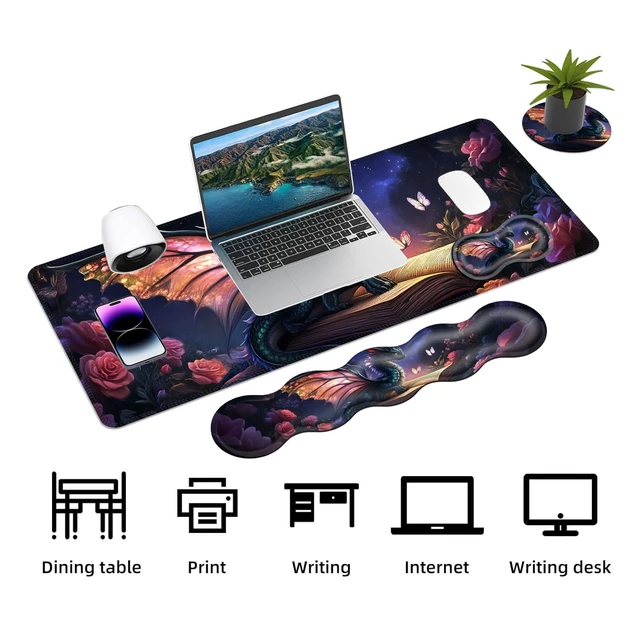 Alt view image 3 of 7 - Vobber Keyboard Mouse Pad Set, Extended Gaming Mouse Pad+Ergonomics Keyboard Wrist Rest Support, Memory Foam, Easy Typing Pain Relief, 4Pcs XL Ultra Thick Desk Mat,Magical Dragon Book Flowers