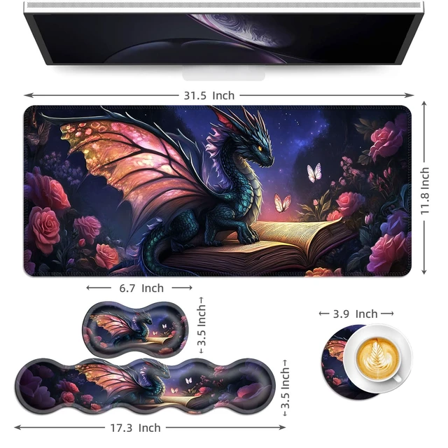 Alt view image 6 of 7 - Vobber Keyboard Mouse Pad Set, Extended Gaming Mouse Pad+Ergonomics Keyboard Wrist Rest Support, Memory Foam, Easy Typing Pain Relief, 4Pcs XL Ultra Thick Desk Mat,Magical Dragon Book Flowers