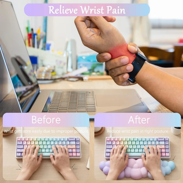 Alt view image 3 of 7 - Cloud Mouse Pad Keyboard Wrist Rest for Mouse 4PCS Extended Large Desk Mat Pad Set Memory Foam Non-Slip Cute Ergonomic Gaming Mouse Wrist Support for Computer Home Office 35.4x15.7in Pink Purple Blue