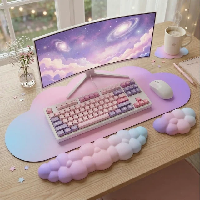 Alt view image 4 of 7 - Cloud Mouse Pad Keyboard Wrist Rest for Mouse 4PCS Extended Large Desk Mat Pad Set Memory Foam Non-Slip Cute Ergonomic Gaming Mouse Wrist Support for Computer Home Office 35.4x15.7in Pink Purple Blue