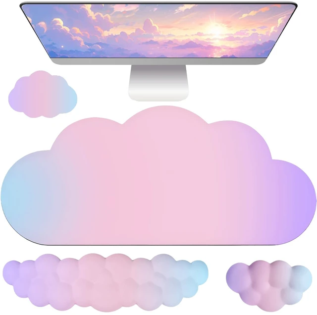 Main image of Cloud Mouse Pad Keyboard Wrist Rest for Mouse 4PCS Extended Large Desk Mat Pad Set Memory Foam Non-Slip Cute Ergonomic Gaming Mouse Wrist Support for Computer Home Office 35.4x15.7in Pink Purple Blue