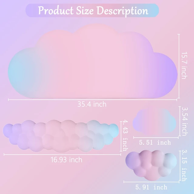 Alt view image 6 of 7 - Cloud Mouse Pad Keyboard Wrist Rest for Mouse 4PCS Extended Large Desk Mat Pad Set Memory Foam Non-Slip Cute Ergonomic Gaming Mouse Wrist Support for Computer Home Office 35.4x15.7in Pink Purple Blue