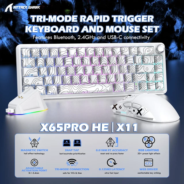 Alt view image 2 of 7 - SHARK X65 PRO HE Magnetic Keyboard & X11 Gaming Mouse Combo, White | 8K Polling 65% Hall Effect Switches, Adjustable Actuation, RGB Magnetic Charging Dock, PAW3311 22K DPI, Tri-Mode, for Win/Mac