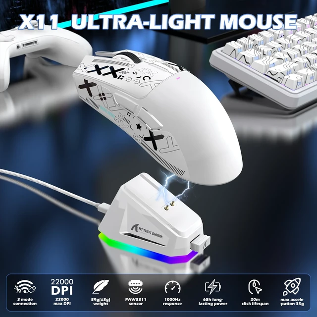 Alt view image 6 of 7 - SHARK X65 PRO HE Magnetic Keyboard & X11 Gaming Mouse Combo, White | 8K Polling 65% Hall Effect Switches, Adjustable Actuation, RGB Magnetic Charging Dock, PAW3311 22K DPI, Tri-Mode, for Win/Mac