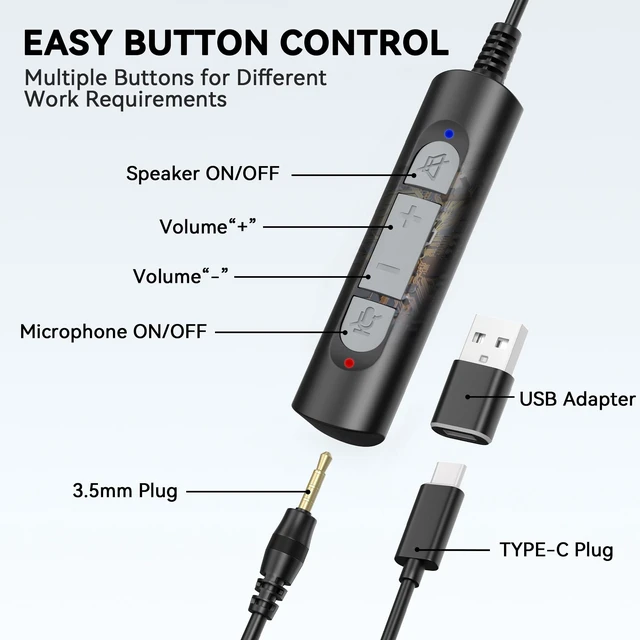 Alt view image 4 of 6 - Wantek Headset with Microphone for PC Wired Headphones - USB C 3.5mm Headsets with Noise-Cancelling Microphone for Laptop - Type-C Computer Headphones with Mic in-line Control for Home
