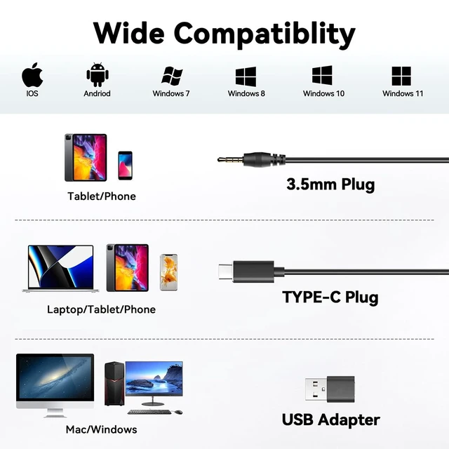 Alt view image 6 of 6 - Wantek Headset with Microphone for PC Wired Headphones - USB C 3.5mm Headsets with Noise-Cancelling Microphone for Laptop - Type-C Computer Headphones with Mic in-line Control for Home