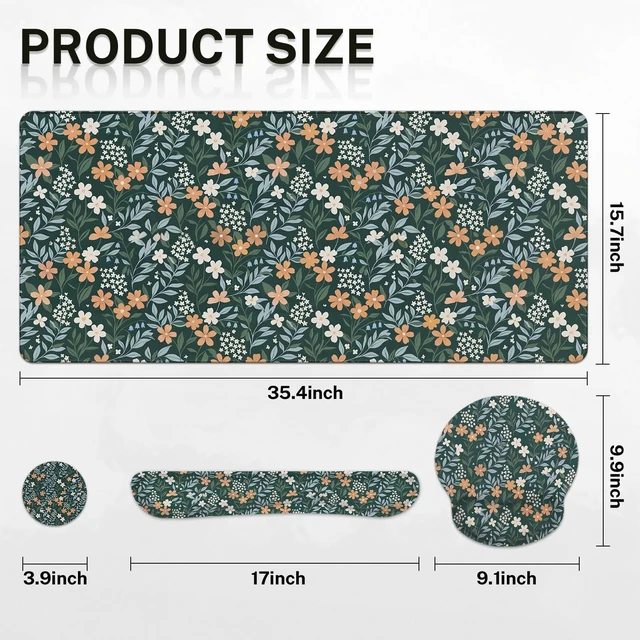 Alt view image 2 of 7 - Britimes Keyboard Mouse Pad Set, 4 in 1 Desk Mat Set, Floral Green Vintage | Large Mousepad+Keyboard Wrist Rest+Mouse Wrist Rest+Coaster Ergonomic Design for Home Office Computer