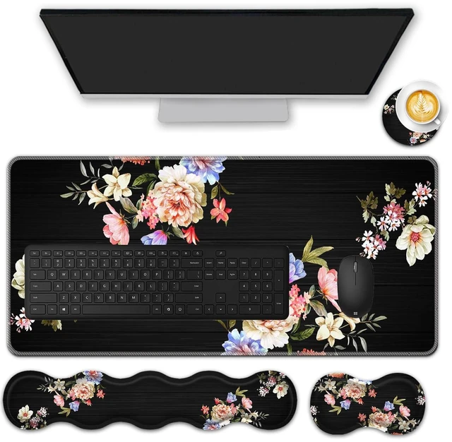 Main image of FGDRFGRW Mouse Pad Set,(31.5×11.8 in) Desk Pad + Keyboard Wrist Rest Support + Mouse Wrist Rest + Coaster for Office,Home,Computer,Laptop - 4 Peony Flower