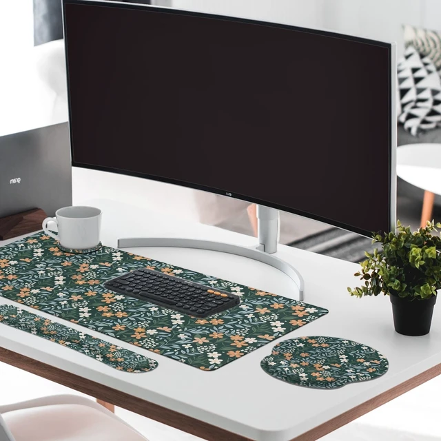Alt view image 3 of 7 - Britimes Keyboard Mouse Pad Set, 4 in 1 Desk Mat Set, Floral Green Vintage | Large Mousepad+Keyboard Wrist Rest+Mouse Wrist Rest+Coaster Ergonomic Design for Home Office Computer