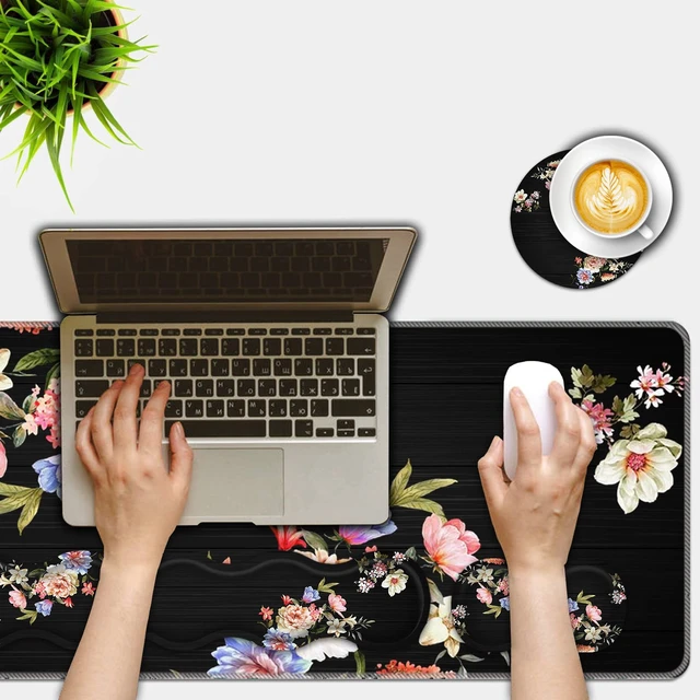 Alt view image 2 of 6 - FGDRFGRW Mouse Pad Set,(31.5×11.8 in) Desk Pad + Keyboard Wrist Rest Support + Mouse Wrist Rest + Coaster for Office,Home,Computer,Laptop - 4 Peony Flower