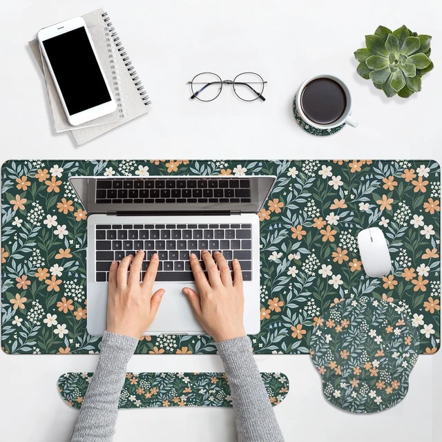 Alt view image 7 of 7 - Britimes Keyboard Mouse Pad Set, 4 in 1 Desk Mat Set, Floral Green Vintage | Large Mousepad+Keyboard Wrist Rest+Mouse Wrist Rest+Coaster Ergonomic Design for Home Office Computer