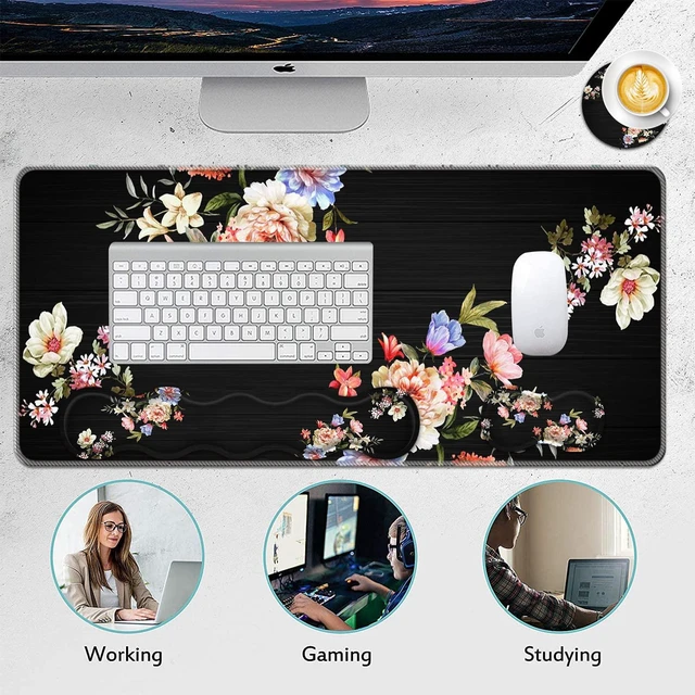 Alt view image 6 of 6 - FGDRFGRW Mouse Pad Set,(31.5×11.8 in) Desk Pad + Keyboard Wrist Rest Support + Mouse Wrist Rest + Coaster for Office,Home,Computer,Laptop - 4 Peony Flower