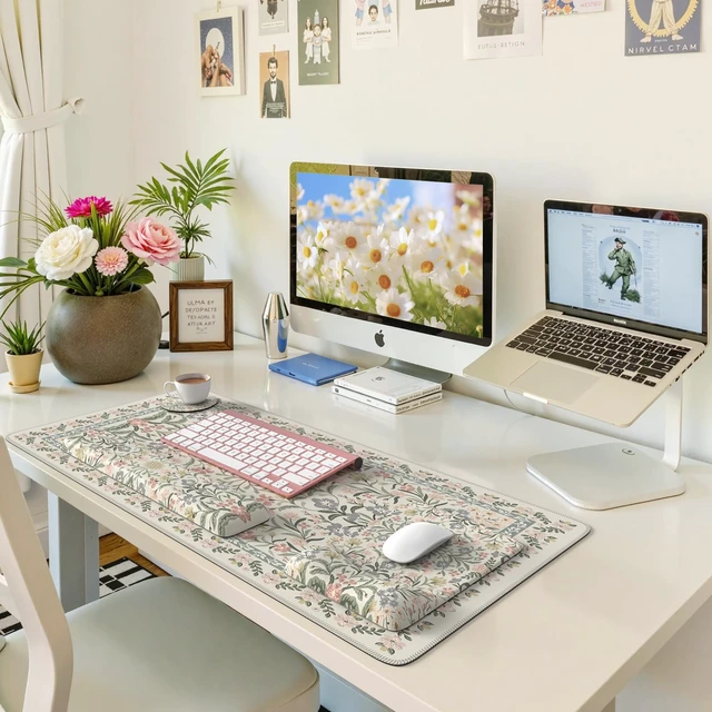 Alt view image 7 of 7 - iLeadon Desk Protector Mat, Ergonomic Wrist Pad for Keyboard and Mouse | Non Slip Desk Mat with Wrist Rest, Extra Large Full Desk Mouse Pad with Coaster for Women Office, Cute Grey Design