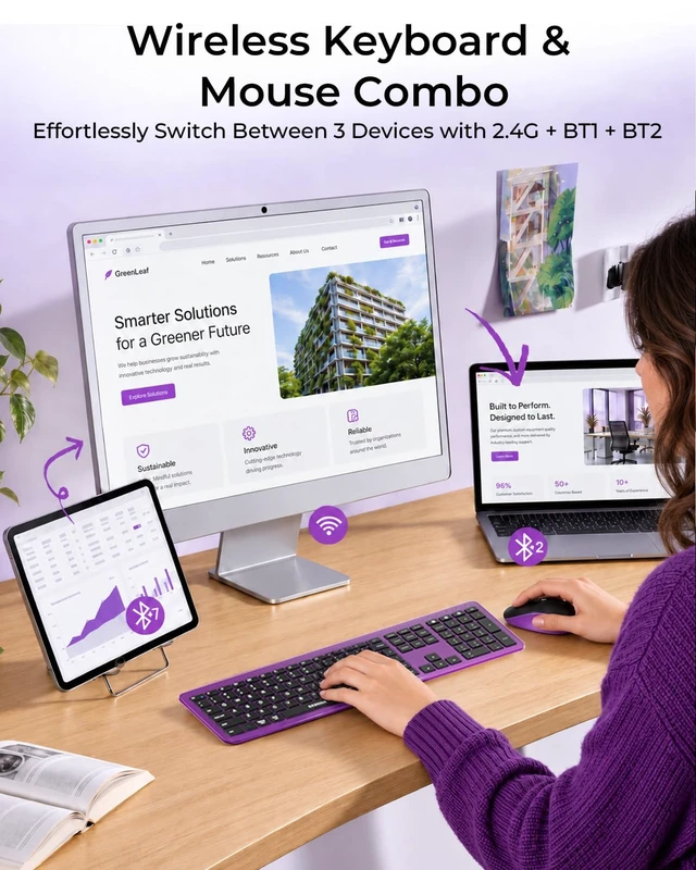 Alt view image 2 of 7 - Seenda Blackish-Purple Wireless Keyboard and Mouse Combo, Bluetooth & 2.4G