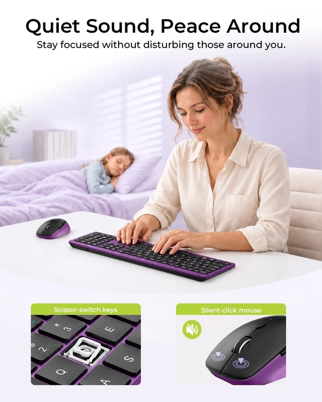 Alt view image 4 of 7 - Seenda Blackish-Purple Wireless Keyboard and Mouse Combo, Bluetooth & 2.4G