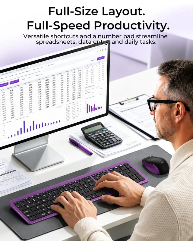 Alt view image 3 of 7 - Seenda Blackish-Purple Wireless Keyboard and Mouse Combo, Bluetooth & 2.4G