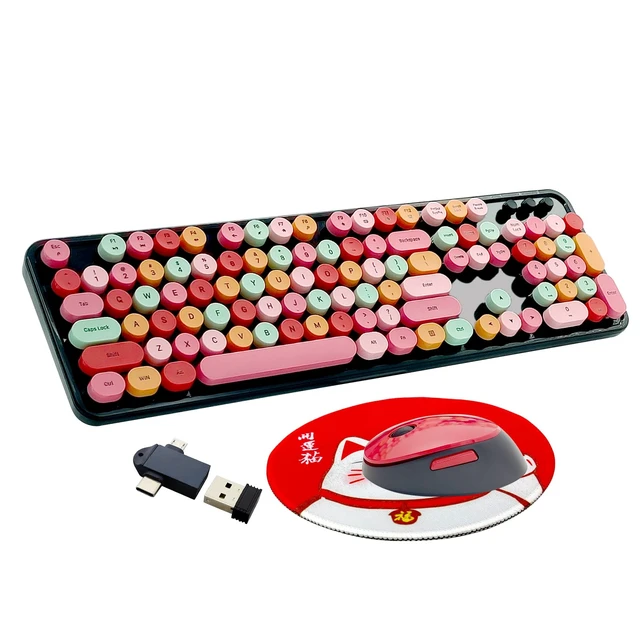 Main image of Red Retro Typewriter Wireless Keyboard and Mouse Combo for Home Office | Full Size Cute Vintage Round Bubble Keycaps, Ergonomic Aesthetic Colorful Keyboard Mouse Set for Long Nails Laptop Desktop PC