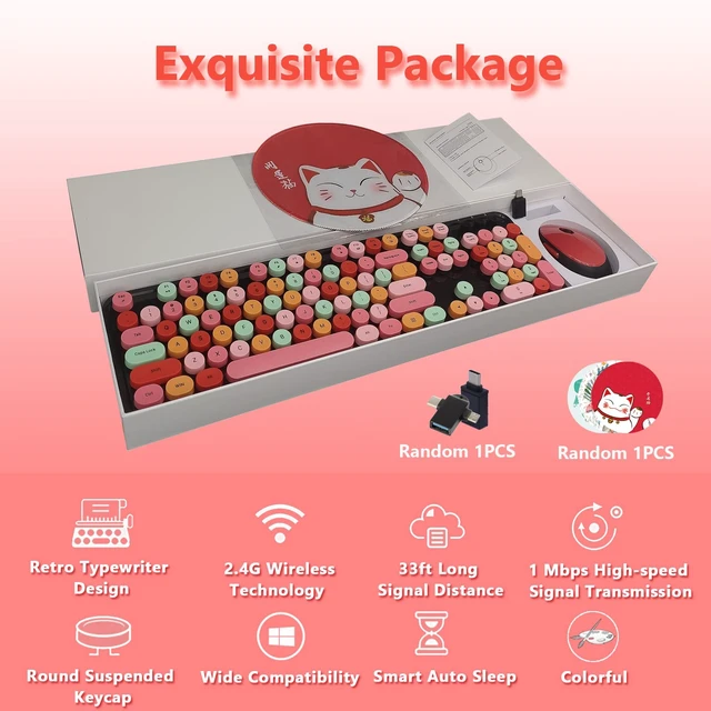 Alt view image 2 of 7 - Red Retro Typewriter Wireless Keyboard and Mouse Combo for Home Office | Full Size Cute Vintage Round Bubble Keycaps, Ergonomic Aesthetic Colorful Keyboard Mouse Set for Long Nails Laptop Desktop PC