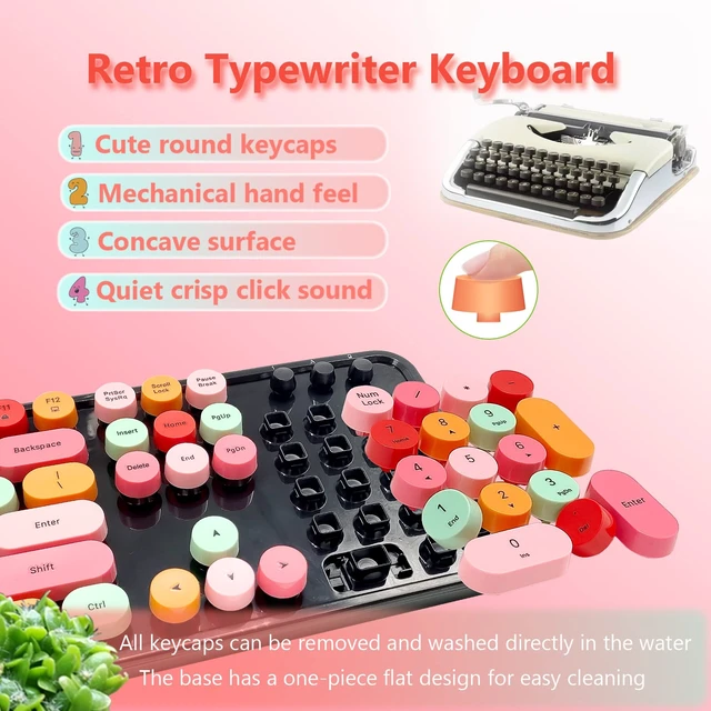 Alt view image 4 of 7 - Red Retro Typewriter Wireless Keyboard and Mouse Combo for Home Office | Full Size Cute Vintage Round Bubble Keycaps, Ergonomic Aesthetic Colorful Keyboard Mouse Set for Long Nails Laptop Desktop PC