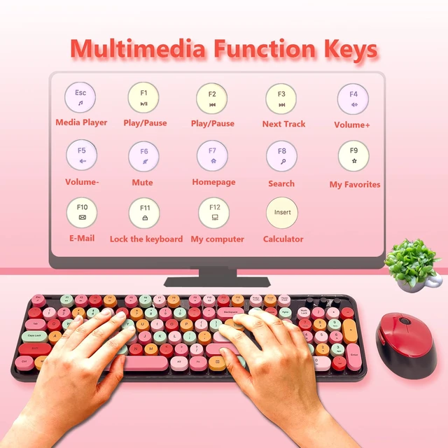 Alt view image 5 of 7 - Red Retro Typewriter Wireless Keyboard and Mouse Combo for Home Office | Full Size Cute Vintage Round Bubble Keycaps, Ergonomic Aesthetic Colorful Keyboard Mouse Set for Long Nails Laptop Desktop PC