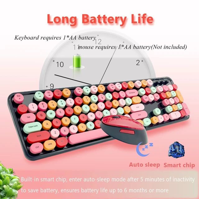 Alt view image 6 of 7 - Red Retro Typewriter Wireless Keyboard and Mouse Combo for Home Office | Full Size Cute Vintage Round Bubble Keycaps, Ergonomic Aesthetic Colorful Keyboard Mouse Set for Long Nails Laptop Desktop PC