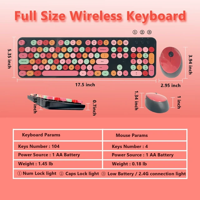 Alt view image 7 of 7 - Red Retro Typewriter Wireless Keyboard and Mouse Combo for Home Office | Full Size Cute Vintage Round Bubble Keycaps, Ergonomic Aesthetic Colorful Keyboard Mouse Set for Long Nails Laptop Desktop PC