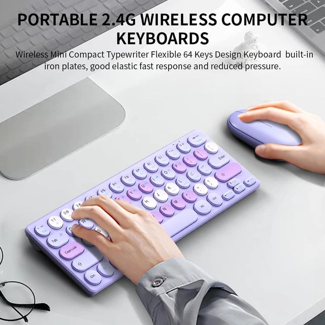 Alt view image 2 of 7 - Sanpyl Wireless Keyboard Mouse Combo, 64 Keys Mini Cordless Computer Keyboard and Mouse Set 2.4GHz, Adjustable 1200DPI, Retro Round Keycap for Computer, Laptop, PC (Purple)