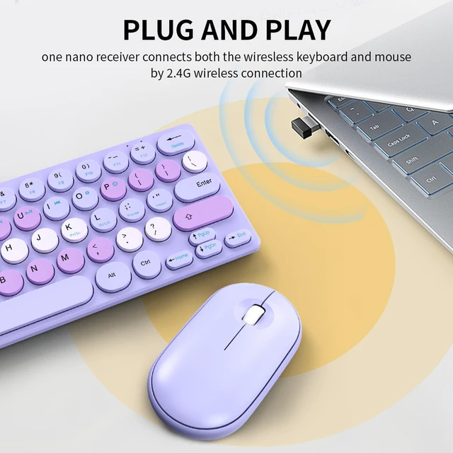 Alt view image 3 of 7 - Sanpyl Wireless Keyboard Mouse Combo, 64 Keys Mini Cordless Computer Keyboard and Mouse Set 2.4GHz, Adjustable 1200DPI, Retro Round Keycap for Computer, Laptop, PC (Purple)