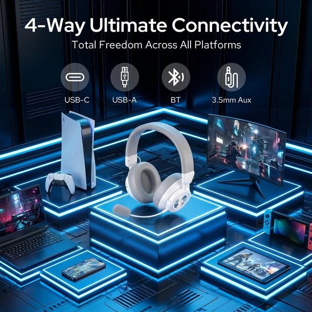 Alt view image 2 of 6 - Redragon H889 Wireless Gaming Headset, 4-in-1 (2.4G/BT/USB/3.5mm), 51H Battery & Play-While-Charging, 7.1 Spatial Audio & 53mm Drivers, Detachable Mic, Multi-Platform Headphone for PC/PS5/NS/Mobile