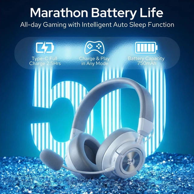Alt view image 5 of 6 - Redragon H889 Wireless Gaming Headset, 4-in-1 (2.4G/BT/USB/3.5mm), 51H Battery & Play-While-Charging, 7.1 Spatial Audio & 53mm Drivers, Detachable Mic, Multi-Platform Headphone for PC/PS5/NS/Mobile