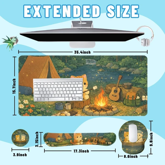 Alt view image 2 of 7 - Cute Cat Desk Mat Set Cozy Camping Large Mouse Pad with Wrist Rest 4in1 Desk Mat for Desktop Ergonomic Computer Desk Arm Wrist Anti-Slip Computer Ergonomic Mouse Pad Home Office Gaming