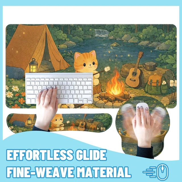 Alt view image 4 of 7 - Cute Cat Desk Mat Set Cozy Camping Large Mouse Pad with Wrist Rest 4in1 Desk Mat for Desktop Ergonomic Computer Desk Arm Wrist Anti-Slip Computer Ergonomic Mouse Pad Home Office Gaming