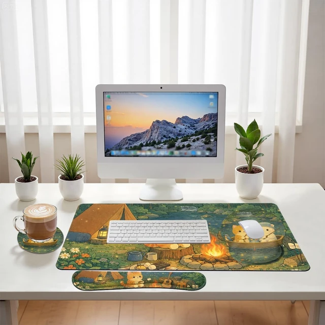 Alt view image 6 of 7 - Cute Cat Desk Mat Set Cozy Camping Large Mouse Pad with Wrist Rest 4in1 Desk Mat for Desktop Ergonomic Computer Desk Arm Wrist Anti-Slip Computer Ergonomic Mouse Pad Home Office Gaming