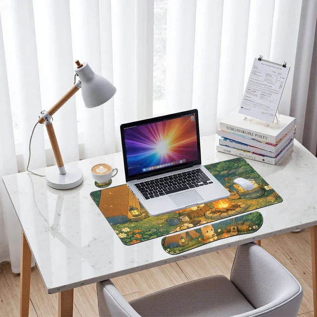Alt view image 7 of 7 - Cute Cat Desk Mat Set Cozy Camping Large Mouse Pad with Wrist Rest 4in1 Desk Mat for Desktop Ergonomic Computer Desk Arm Wrist Anti-Slip Computer Ergonomic Mouse Pad Home Office Gaming