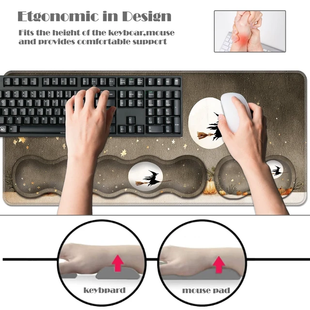 Alt view image 6 of 7 - MUOHEGNT Ergonomic Keyboard Wrist Rest & Mouse Pad Wrist Rest Set,XL Gaming Desk Mat 31.5"x 11.8",Non-Slip Base,Memory Foam,Easy Typing Pain Relief for Office & Home,Pumpkin Moon