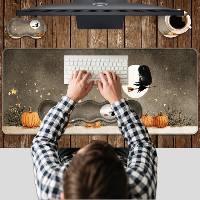 Alt view image 7 of 7 - MUOHEGNT Ergonomic Keyboard Wrist Rest & Mouse Pad Wrist Rest Set,XL Gaming Desk Mat 31.5"x 11.8",Non-Slip Base,Memory Foam,Easy Typing Pain Relief for Office & Home,Pumpkin Moon
