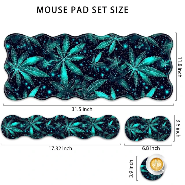 Alt view image 2 of 6 - FGDRFGRW 4 in 1 Desk Mat Set,Mouse Pad with Keyboard Wrist Rest,Wave-Shaped Design,Non-Slip Rubber Base,Waterproof,for Home,Office,Gaming,Green Plant Leaf