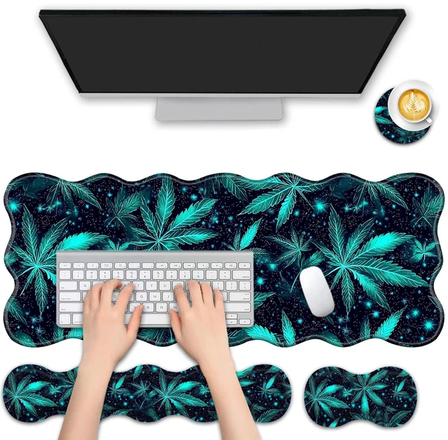Main image of FGDRFGRW 4 in 1 Desk Mat Set,Mouse Pad with Keyboard Wrist Rest,Wave-Shaped Design,Non-Slip Rubber Base,Waterproof,for Home,Office,Gaming,Green Plant Leaf