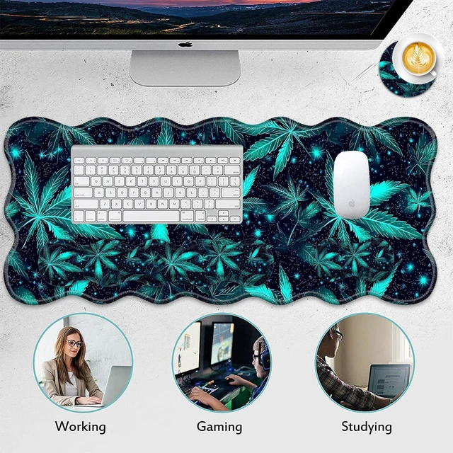 Alt view image 6 of 6 - FGDRFGRW 4 in 1 Desk Mat Set,Mouse Pad with Keyboard Wrist Rest,Wave-Shaped Design,Non-Slip Rubber Base,Waterproof,for Home,Office,Gaming,Green Plant Leaf