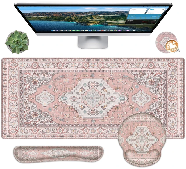 Main image of Mousepad SetKeyboard Mat+Wrist Support Mouse Pad+Wrist Rest Pad+Coaster | Pink Cute Desk Decor with Non-Slip Rubber Base, Smooth Surface for Office, Gaming, Home