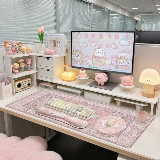 Alt view image 6 of 7 - Mousepad SetKeyboard Mat+Wrist Support Mouse Pad+Wrist Rest Pad+Coaster | Pink Cute Desk Decor with Non-Slip Rubber Base, Smooth Surface for Office, Gaming, Home